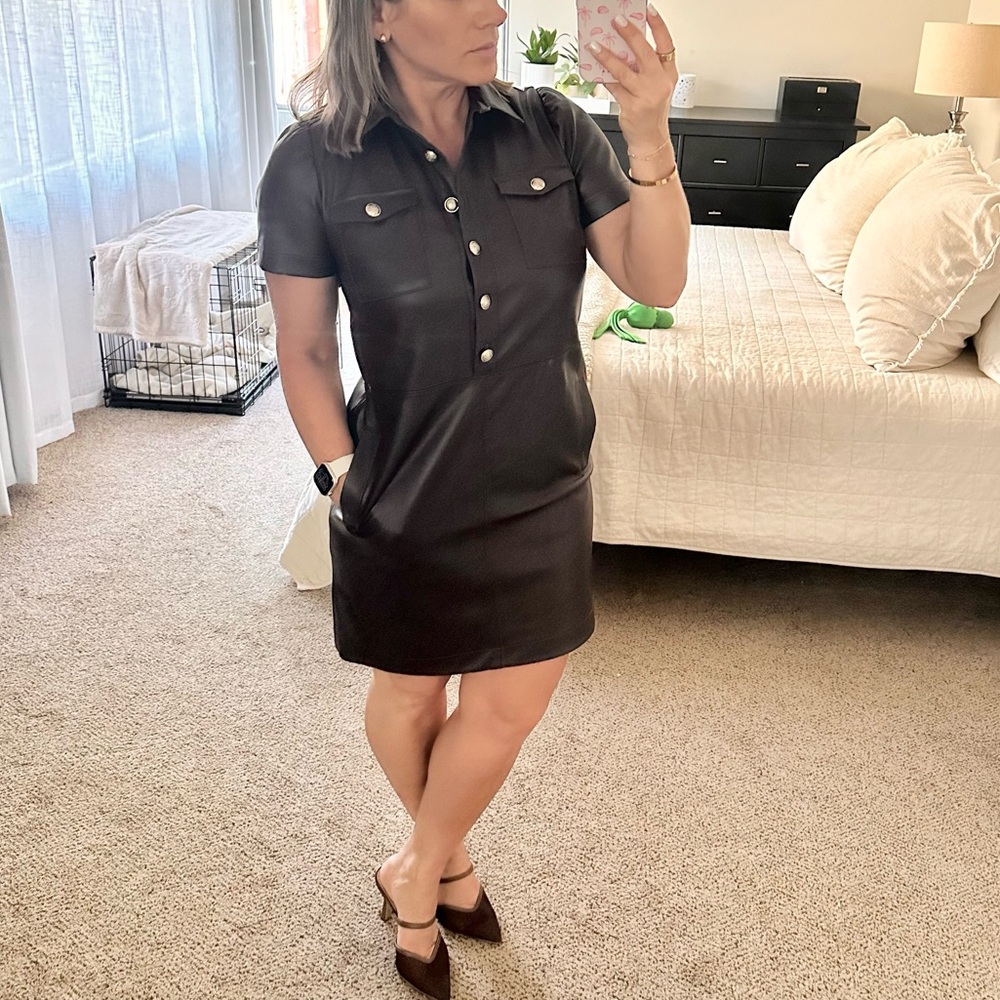 | loft • chocolate faux leather pocket mini dress • size 4 | - Picture 9 of 9